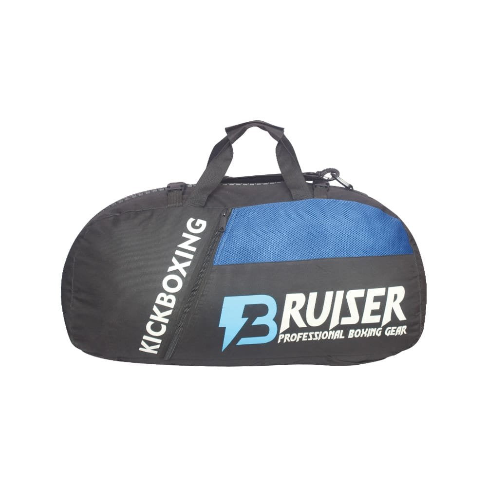 Bolsa de deporte Bruiser color negra y azul. Logo en parte frontal en blanco y azul. Cremallera fontal y asas para llevarla en la mano. 