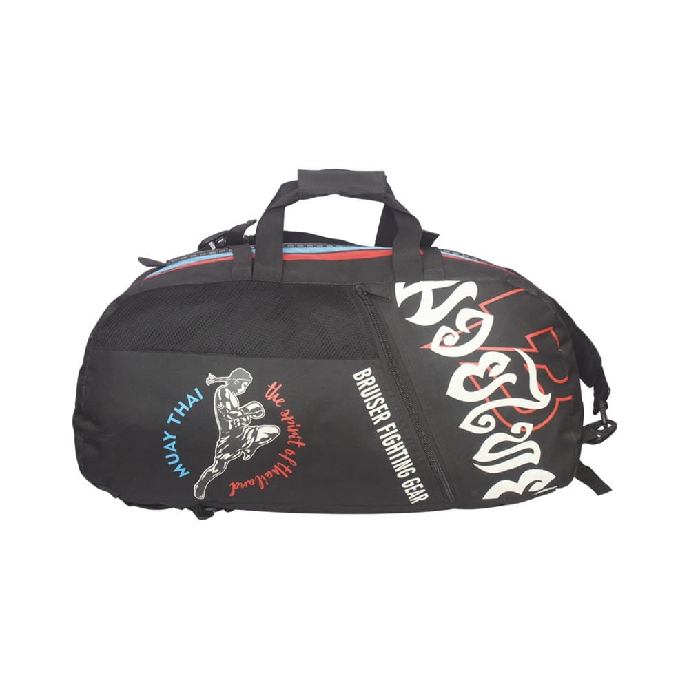 Bolsa de deporte Bruiser de Muay Thai, color negro "Thai Style". Cremalleras y bolsillos de diferentes tamaños. Cremallera principal gruesa con asa cómoda. Parte trasera.