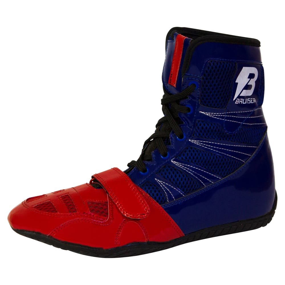 Botas de boxeo "Speed Ko" Bruiser color azules y rojas. Con cordones y velcro seguro. Perfil izquierdo. 