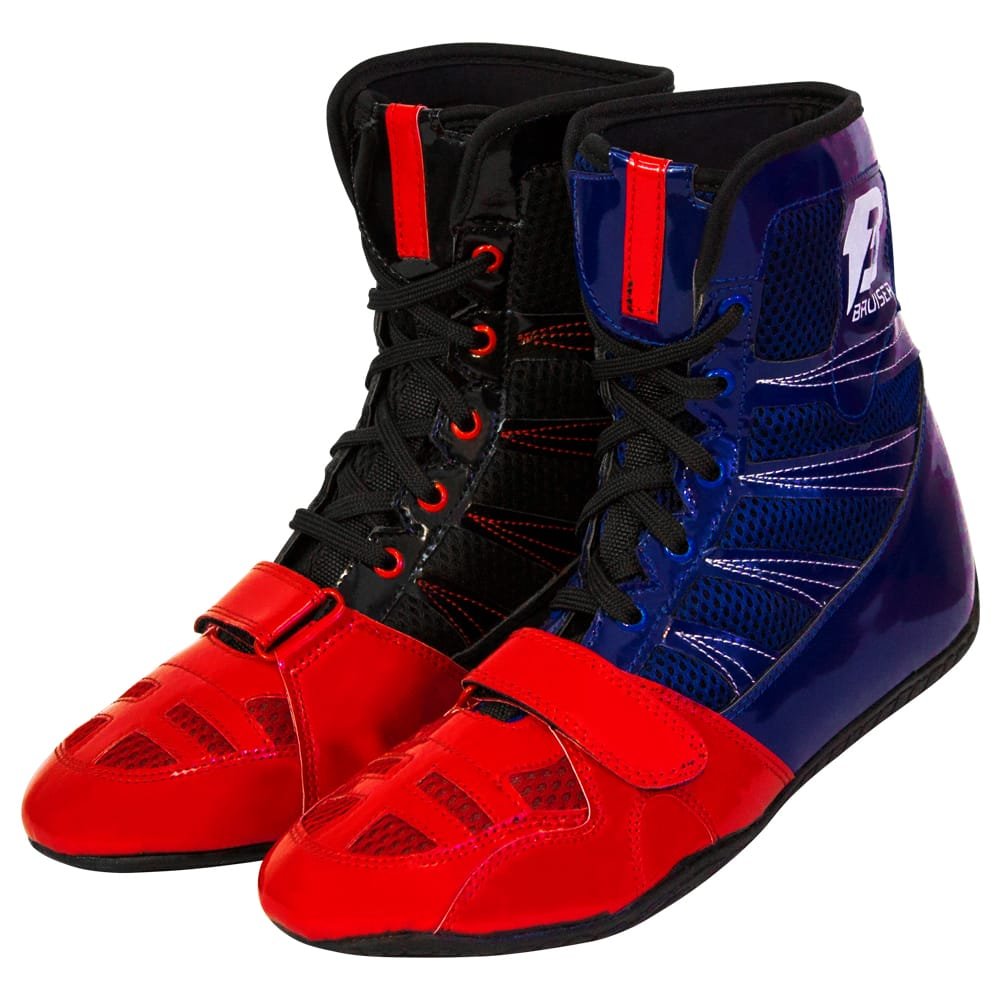 Botas de boxeo "Speed Ko" Bruiser par negro y par azul. Con cordones y velcro seguro. Perfil derecho. 