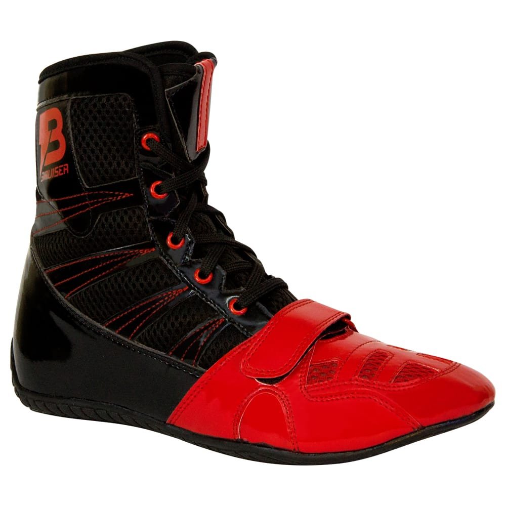 Botas de boxeo "Speed Ko" Bruiser color negras y rojas. Con cordones y velcro seguro. Perfil derecho. 