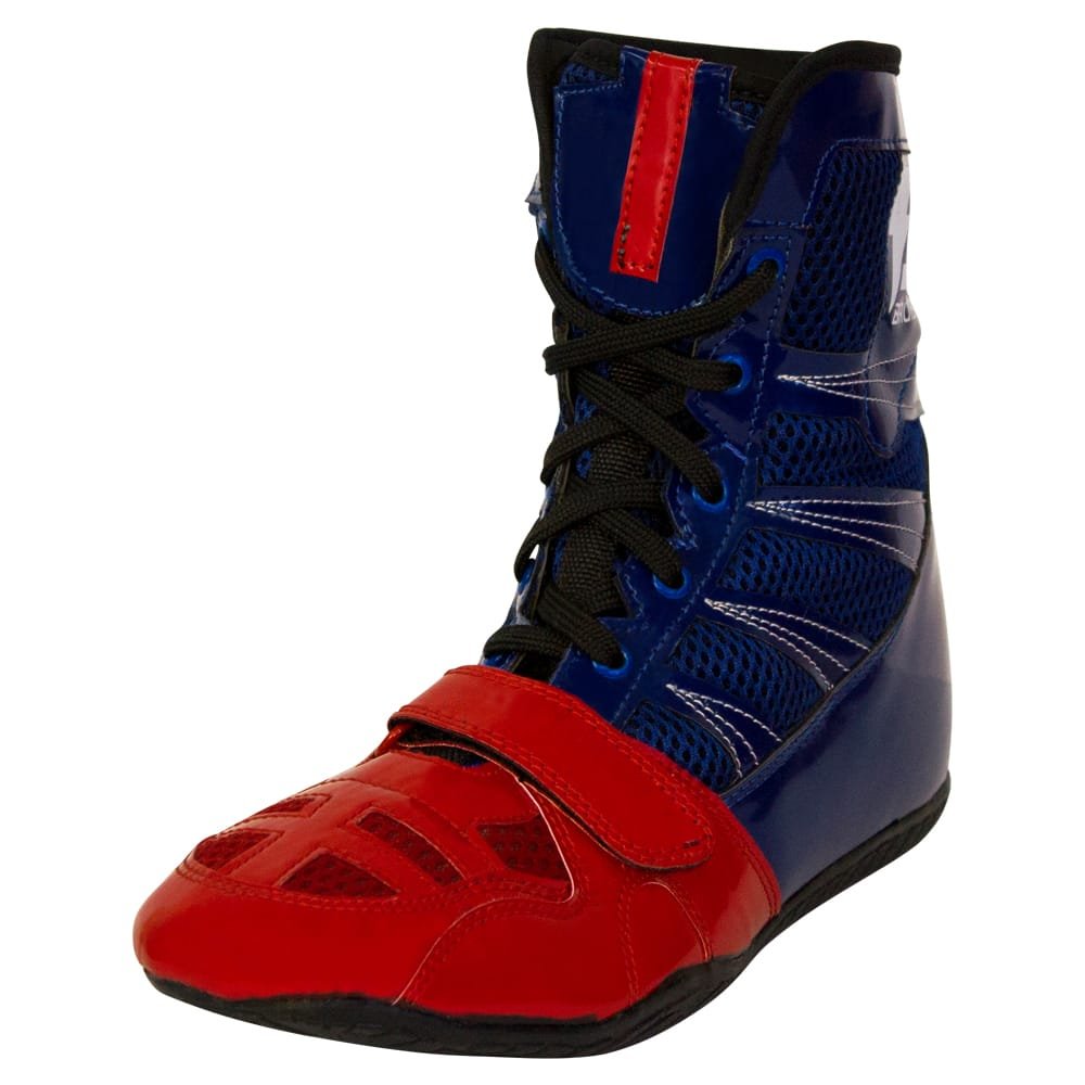 Botas de boxeo "Speed Ko" Bruiser color azules y rojas. Con cordones y velcro seguro. Perfil izquierdo. 