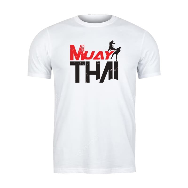 Camiseta de Muay Thai marca Top King color blanco. "Muay Thai" escrito en naranja y negro en el centro. Hecho de algodón extrasuave. Para Muay Thai, boxeo, ropa de calle. 