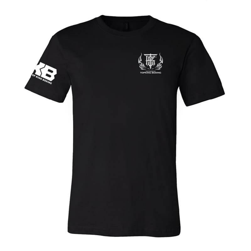 Camiseta marca Top King color negro. Logo Top King en el pectoral izquierdo. Hecho de algodón extrasuave. Para Muay Thai, boxeo, ropa de calle. 
