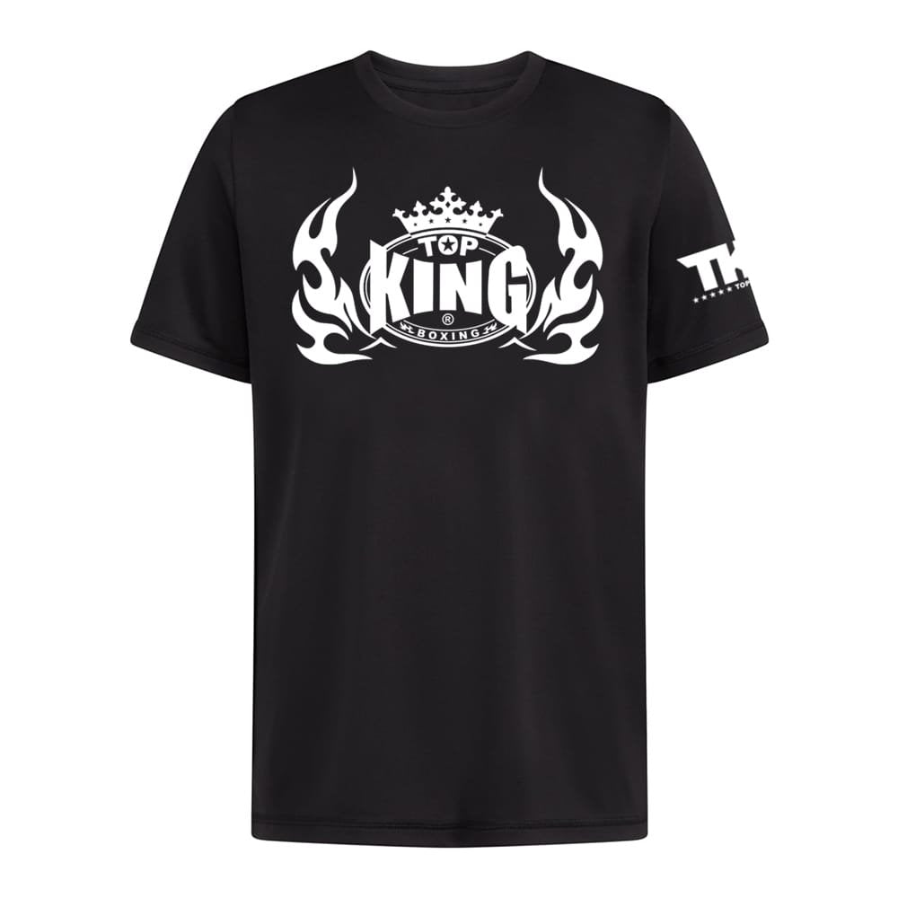 Camiseta Top King color negro. Logo en en el centro en color blanco. Hecha de algodón extrasuave. Para muay thai, boxeo, ropa de calle. 
