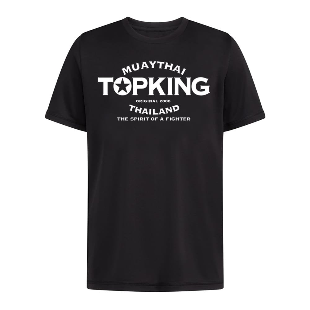 Camiseta TOP KING color negro. Logo en el centro en blanco. Hecha de algodón extrasuave. Para muay thai, boxeo, ropa de calle. 