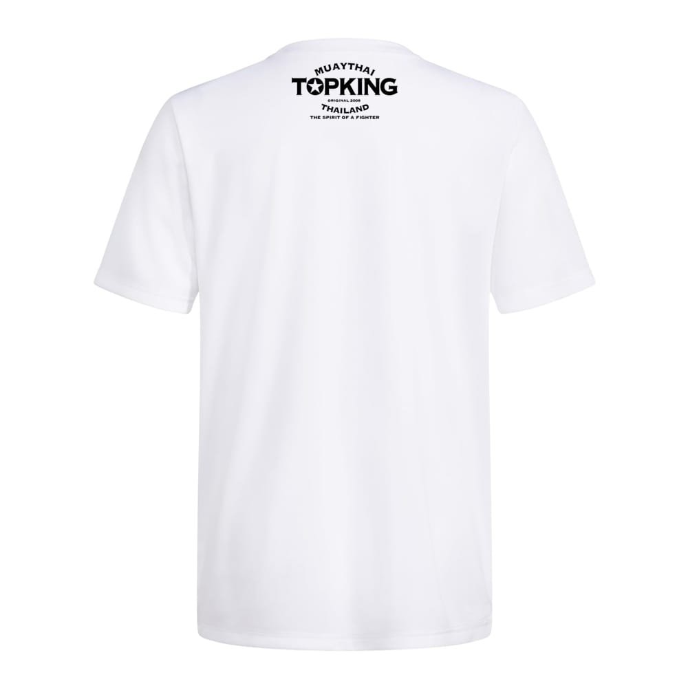 Camiseta Top King color blanca. Logo en espalda de color blanco. Hecha de algodón extrasuave. Para muay thai, boxeo, ropa de calle. 