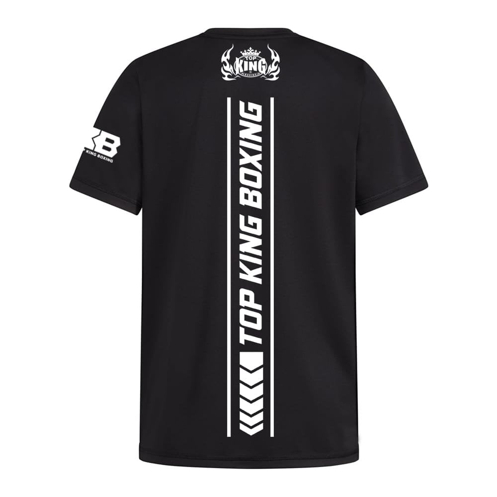 Camiseta Top King color negro. Logo en espalda en letras verticales en el centro de color blanco. Hecha de algodón extrasuave. Para muay thai, boxeo, ropa de calle. 