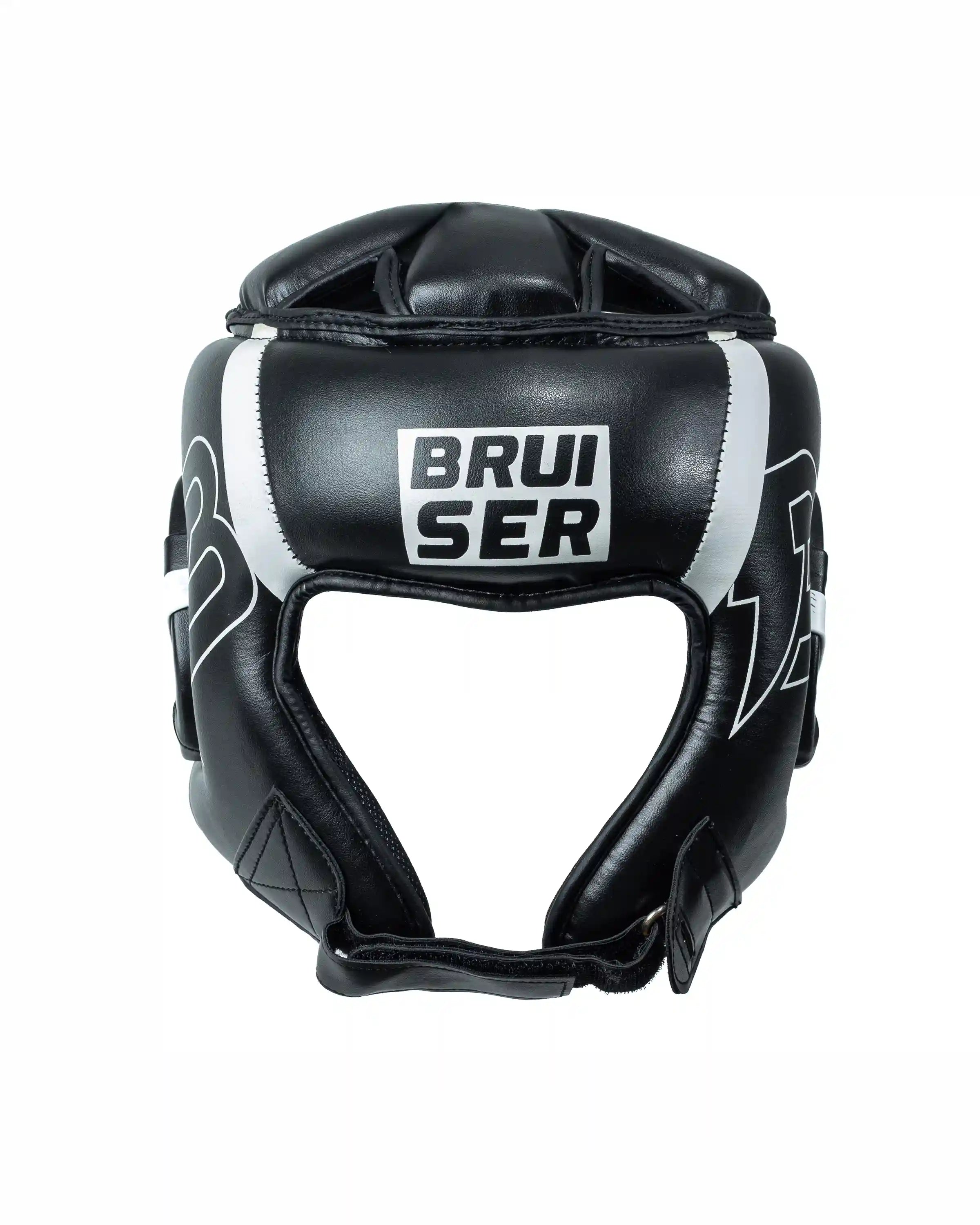 Casco Bruiser color negro con detalles blancos. Logo en el centro de la frente en letras blancas. Rayas blancas en los lados superiores. Hecho de polipiel de alta calidad con acolchado interior denso. Imagen  frontal. 