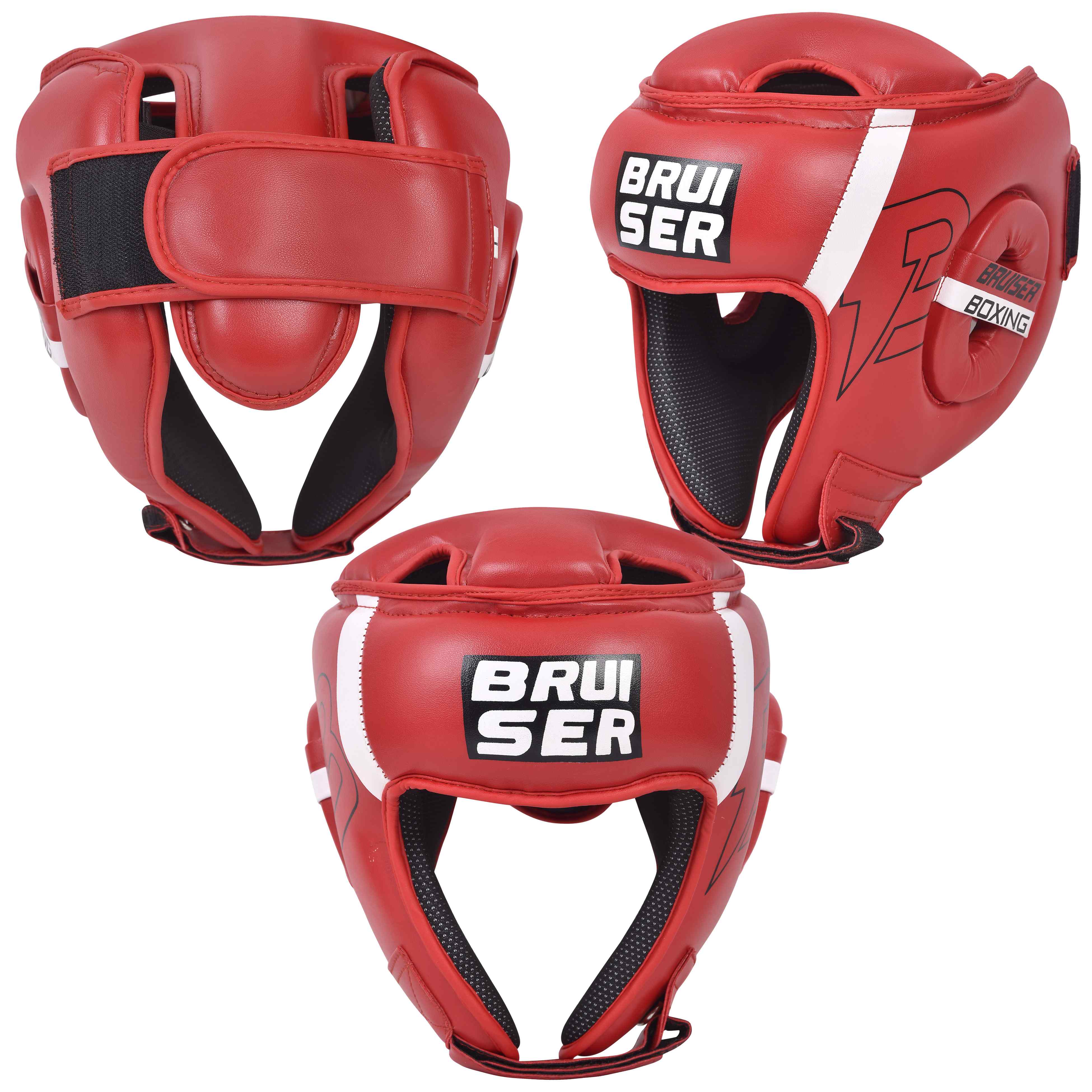 Casco Bruiser color rojo con detalles blancos y negros. Logo en el centro de la frente en letras blancas. Rayas blancas en los lados superiores. Hecho de polipiel de alta calidad con acolchado interior denso. Imagen trasera, de perfil y frontal. 