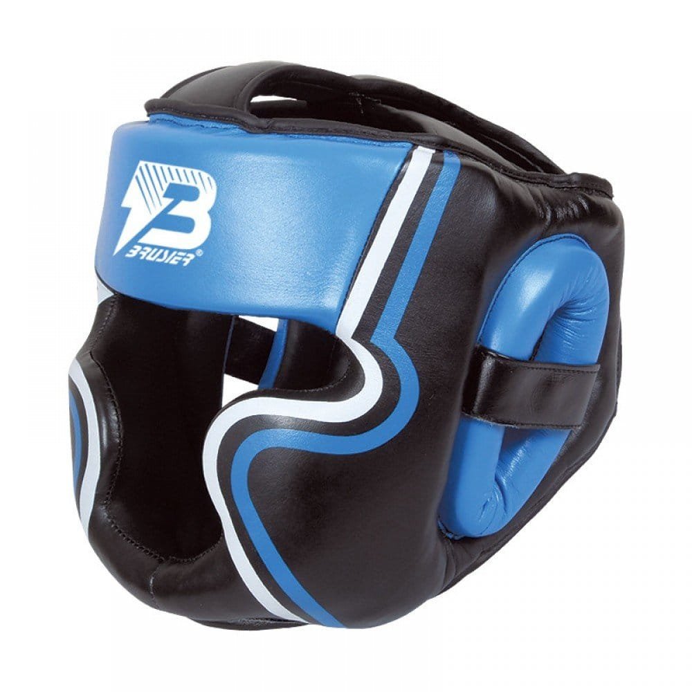 Casco Profesional Bruiser color azul y negro con rayas a los lados. Logo en el centro. Diseñado con espuma densa y sistema de velcro ajustable. Diseño superior abierto. Perfil izquierdo. 