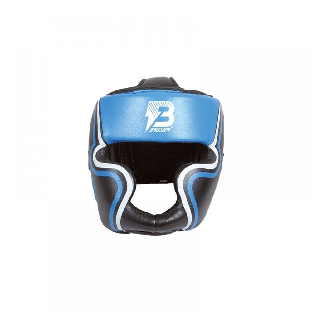 Casco Profesional Bruiser color azul y negro con rayas a los lados. Logo en el centro. Diseñado con espuma densa y sistema de velcro ajustable. Diseño superior abierto. Imagen frontal.