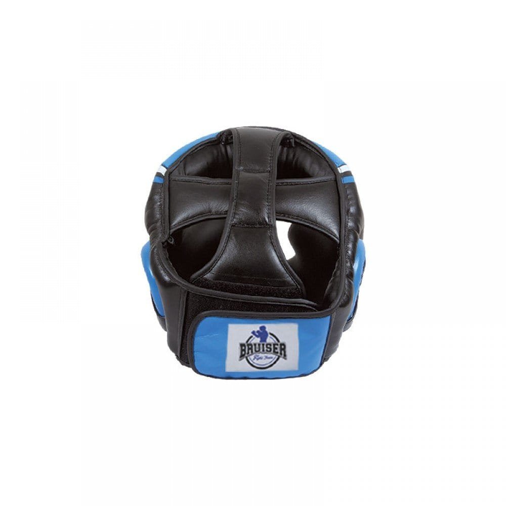 Casco Profesional Bruiser color azul visto desde arriba. Diseñado con espuma densa y sistema de velcro ajustable. Diseño superior abierto. Imagen superior.