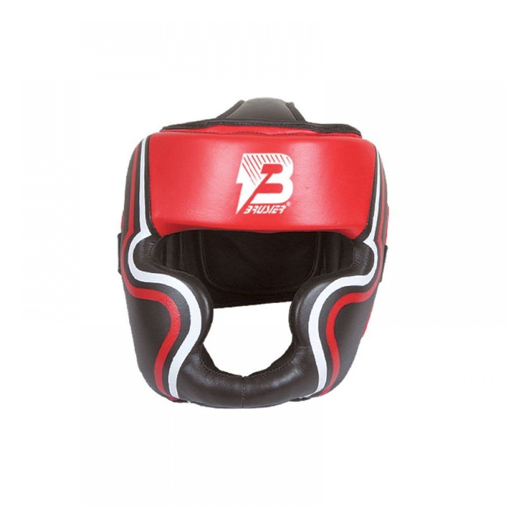 Casco Bruiser color rojo. Logo en el centro con rayas a los lados. Diseño con espuma densa. Velcro ajustable y diseño superior abierto. Imagen frontal. 