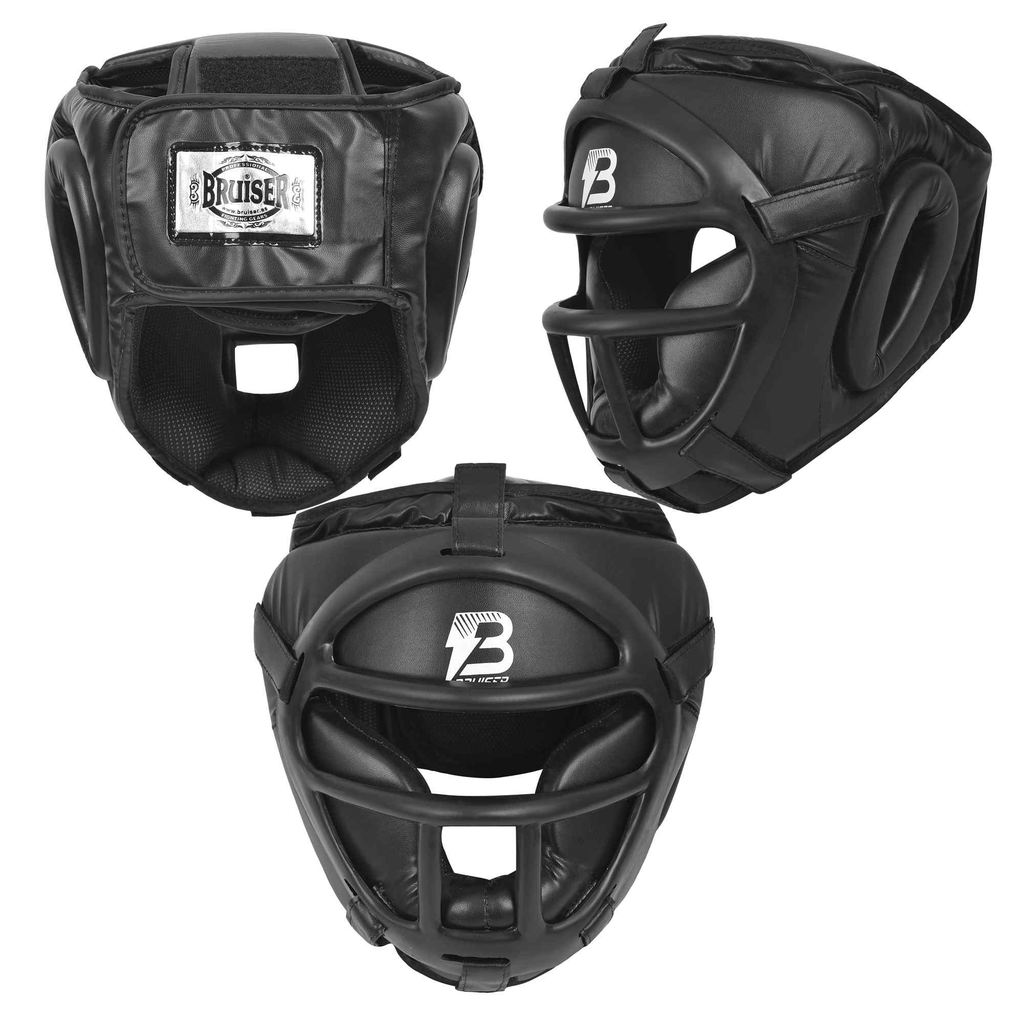 Casco Bruiser color negro. Hecho de cuero con relleno de espuma y careta  de policarbonato. Diseño superior abierto. 3 puntos de vista distintos. 