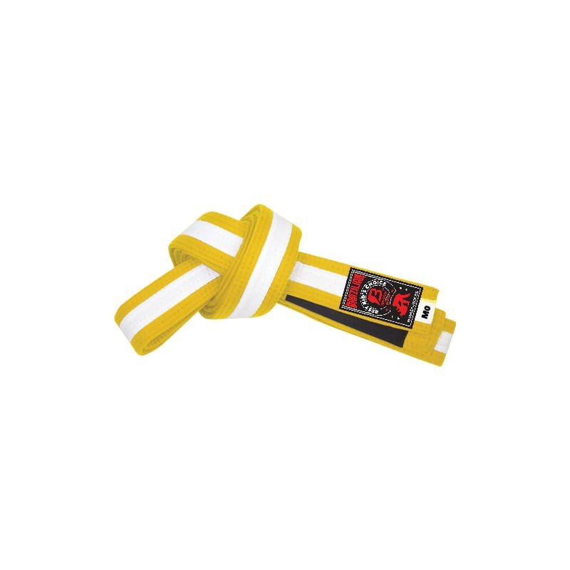 Cinturón de Jiu Jitsu "Graduación Oficial" Bruiser para niños color amarillo y blanco con detalles negros. 
