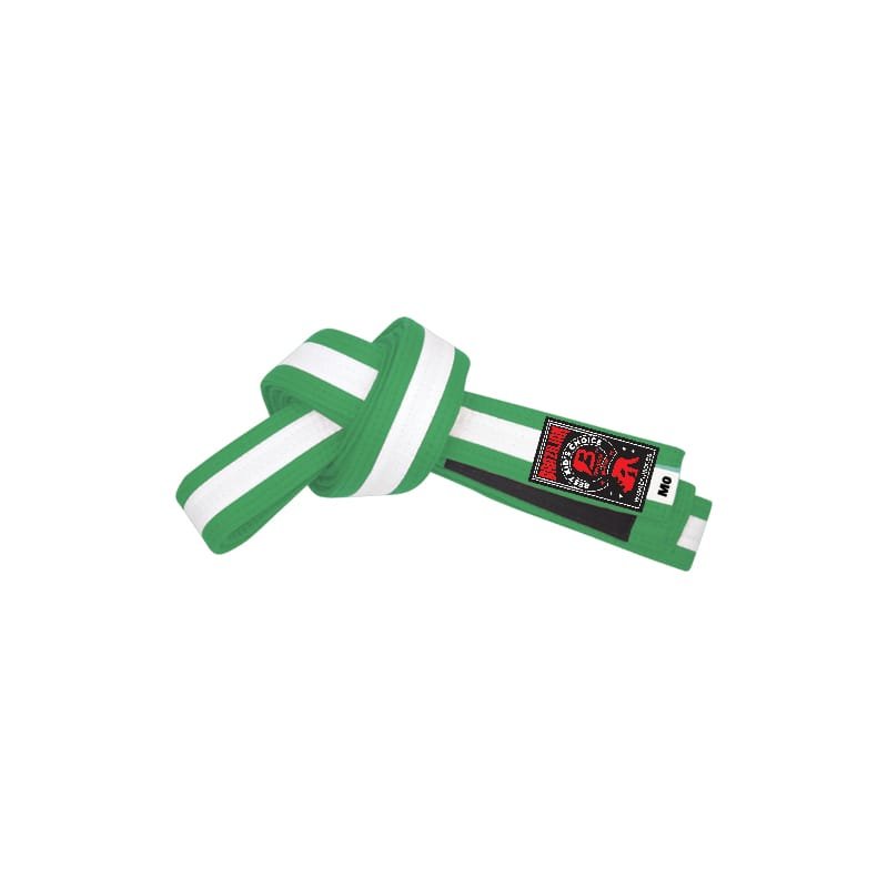 Cinturón de Jiu Jitsu "Graduación Oficial" Bruiser para niños color verde y blanco con detalles negros.