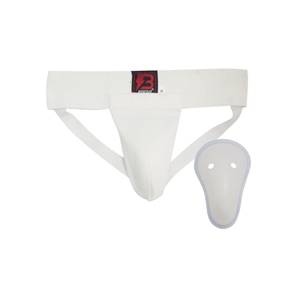 Coquillera Bruiser color blanco. Logo en el centro. Hecha de tejido elástico. Sistema de 2 correas para sostener copa. Imagen frontal. 