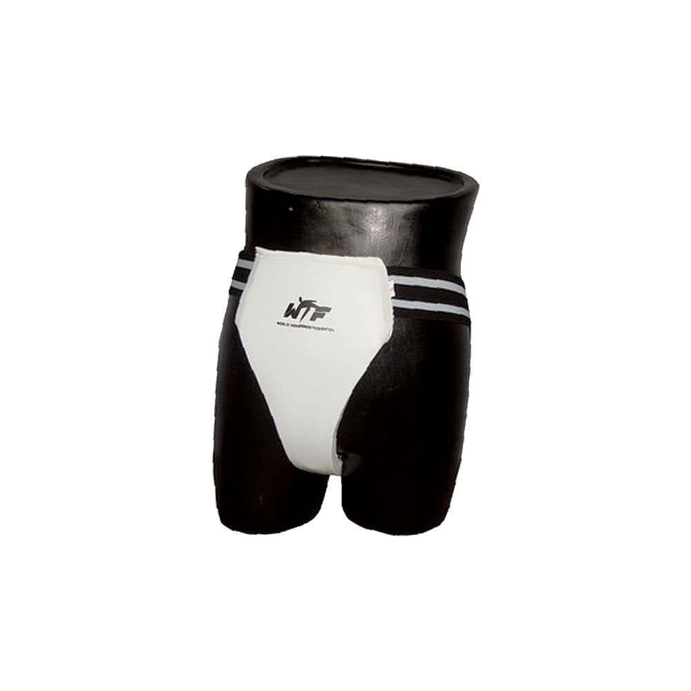 Coquilla femenina WTF color blanco con detalles negros llevada por maniquí de cintura. Logo en el centro. Hecha de piel sintética exterior con acolchado interior. Cintura de goma ancha adaptable. Para competiciones y entrenamientos.  