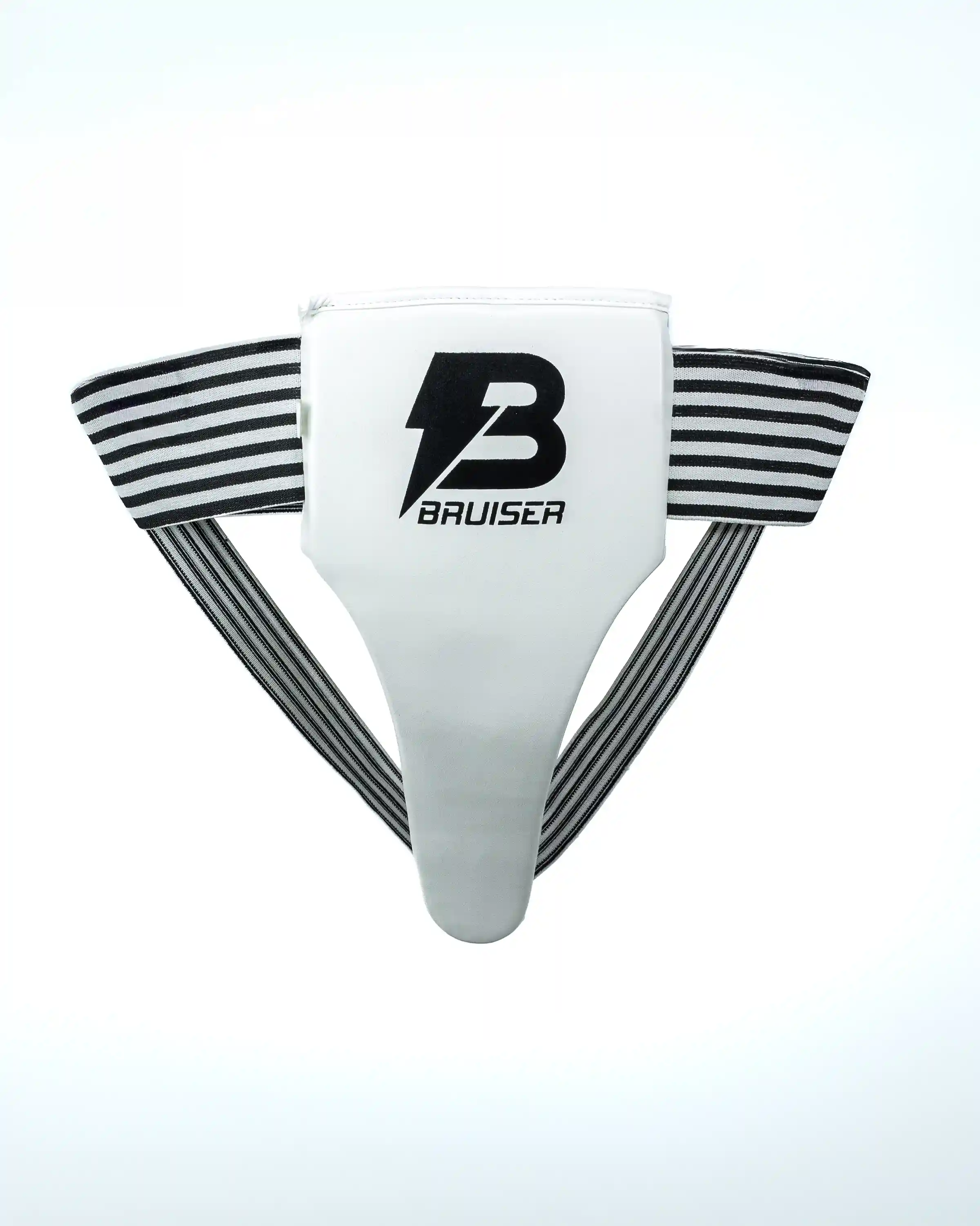 Coquillera femenina Bruiser color blanco. Logo en el centro en negro. Hecha de cuero sintético con relleno de espuma. Imagen frontal. 