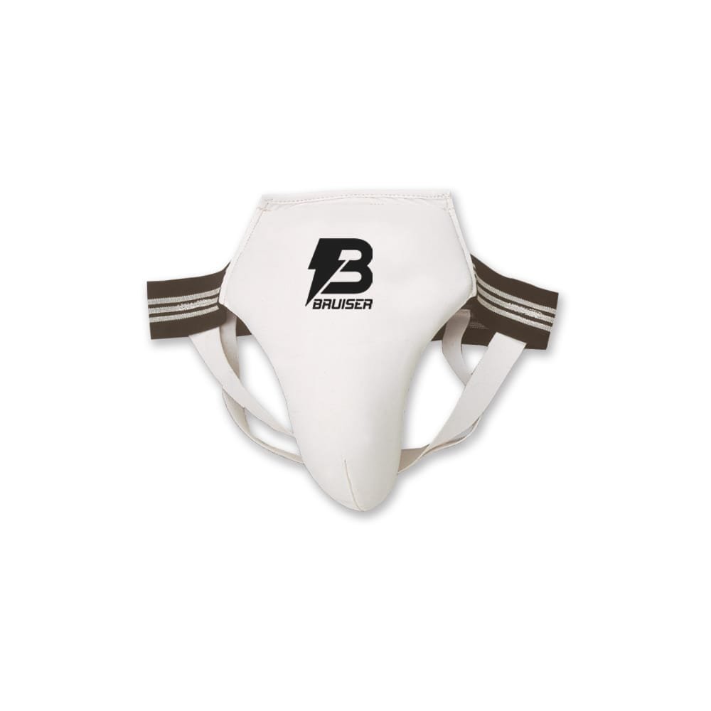 Coquillera masculina Bruiser color blanco. Logo en el centro. Hecha de cuero sintético con relleno de espuma EVA densa. Fijación elástica sin velcros. 
