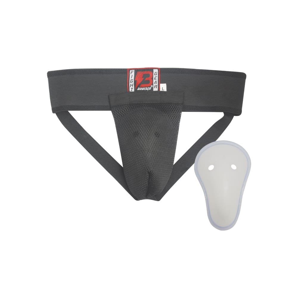 Coquillera Bruiser color negro. Logo en el centro hecho de tejido elástico suave. Sistema de 2 correas para sostener copa. Imagen frontal.