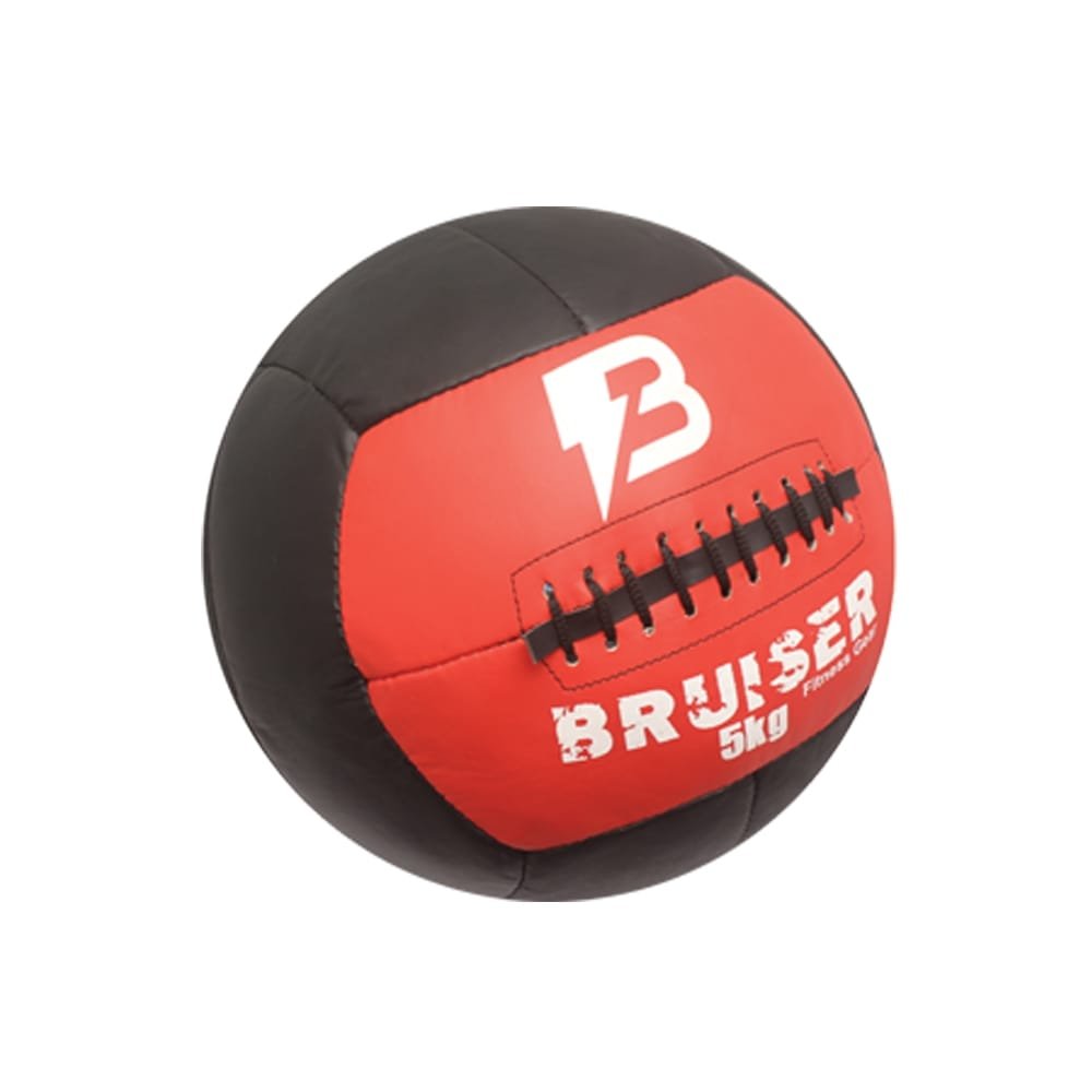 Cross Trainig Wall Ball 5kg marca Bruiser de color rojo y negro con detalles blancos. Hecho de piel de vacuno con 8 paneles cosidos. 