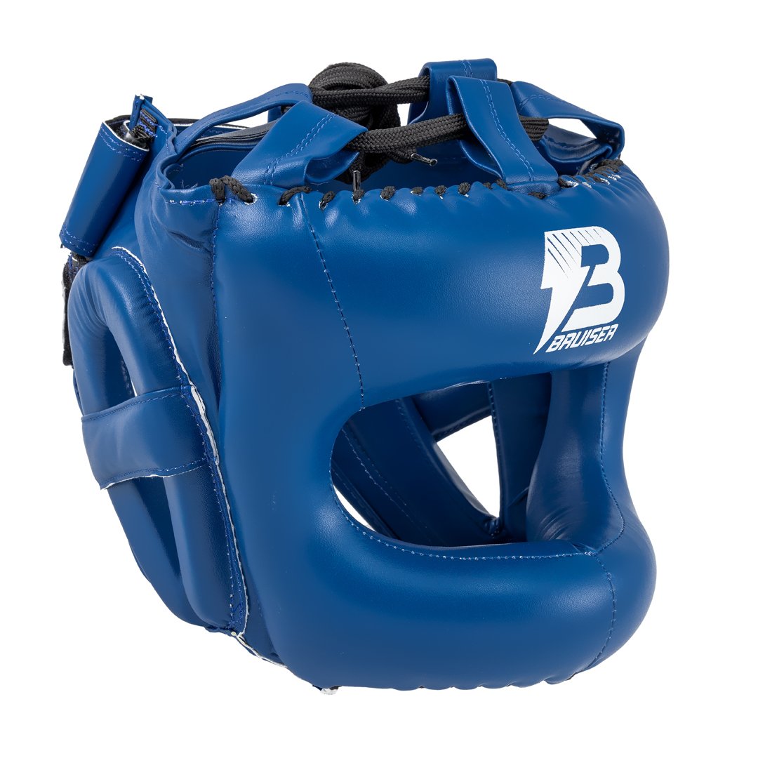 Casco de barra marca Bruiser color azul. Logo en el centro. Hecho de polipiel con relleno de espuma. Ajustable con cuerdas en parte superior. 