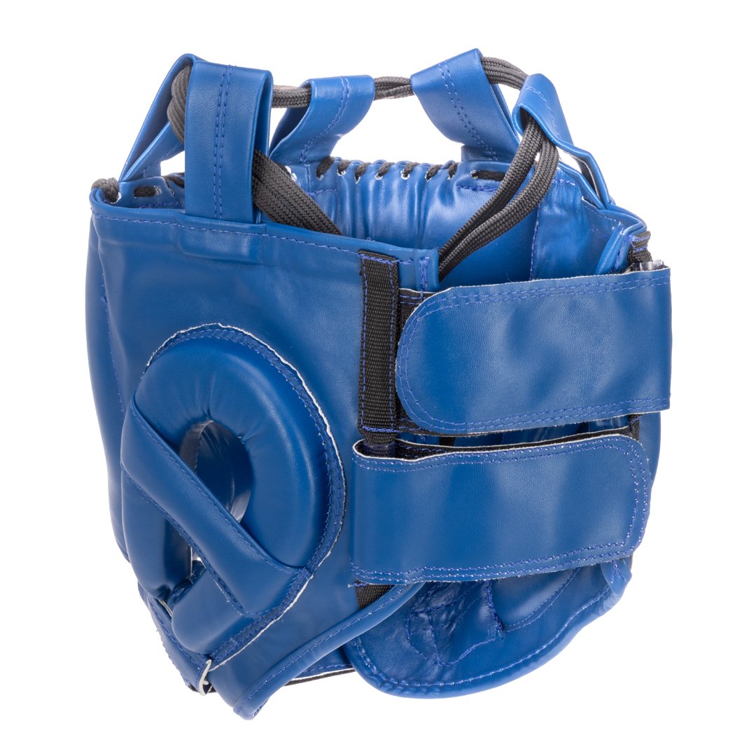 Casco de barra marca Bruiser color azul. Logo en el centro. Hecho de polipiel con relleno de espuma. Ajustable con cuerdas en parte superior. Parte trasera. 