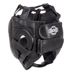 Casco de barra marca Bruiser color negro. Logo en el centro. Hecho de polipiel con relleno de espuma. Ajustable con cuerdas en parte superior. Imagen trasera. 