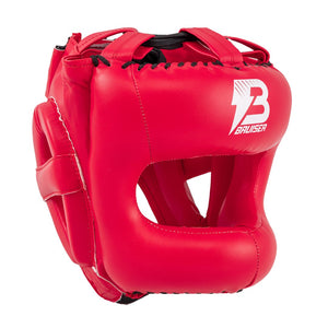 Casco de barra marca Bruiser color rojo. Logo en el centro. Hecho de polipiel con relleno de espuma. Ajustable con cuerdas en parte superior.  