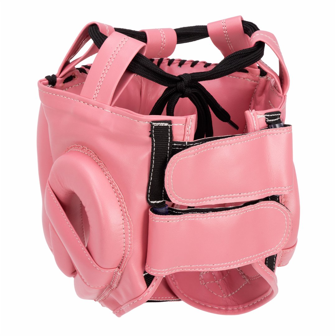Casco de barra marca Bruiser color rosa. Logo en el centro. Hecho de polipiel con relleno de espuma. Ajustable con cuerdas en parte superior. Parte trasera. 