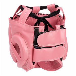 Casco de barra marca Bruiser color rosa. Logo en el centro. Hecho de polipiel con relleno de espuma. Ajustable con cuerdas en parte superior. Parte trasera. 
