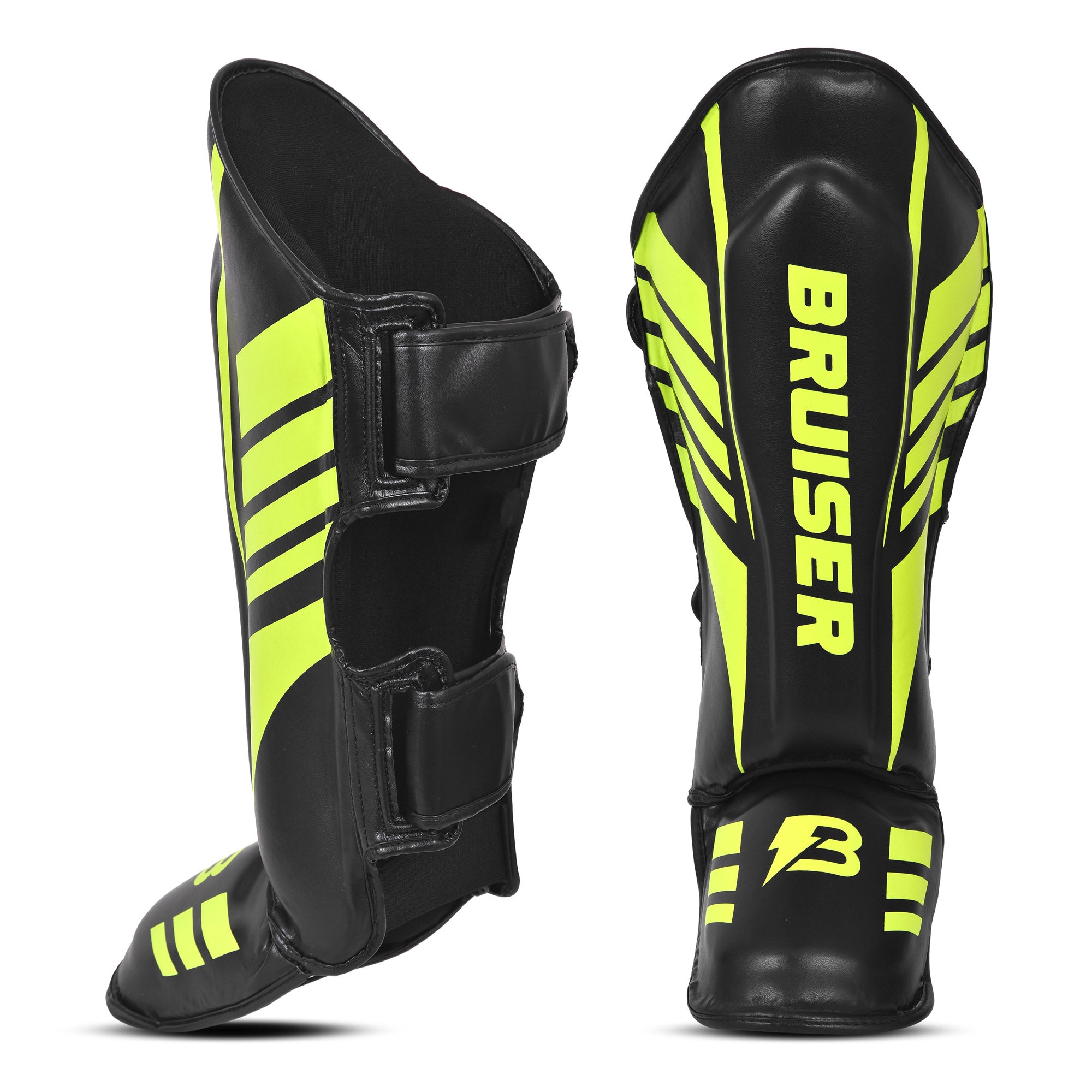 Espinilleras de kickboxing y muay thai negras con detalles verde neón y logo Bruiser en la parte frontal, diseño anatómico con protección para espinilla y empeine y cierre ajustable para entrenamiento y sparring.