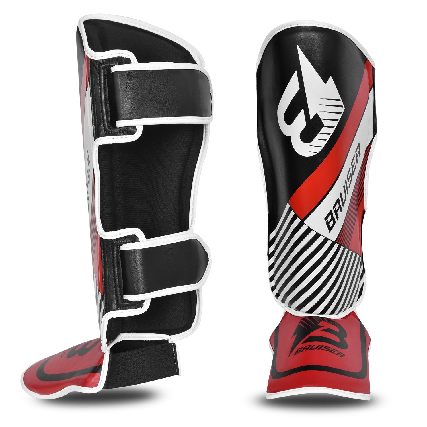 Espinilleras de kickboxing y muay thai rojas y negras con detalles blancos y logo Bruiser en la parte frontal, hecha de piel sintética con relleno de alta densidad que absorbe golpes y protege espinillas y sistema de velcro reforzado para entrenamiento de contacto. Imagen frontal.