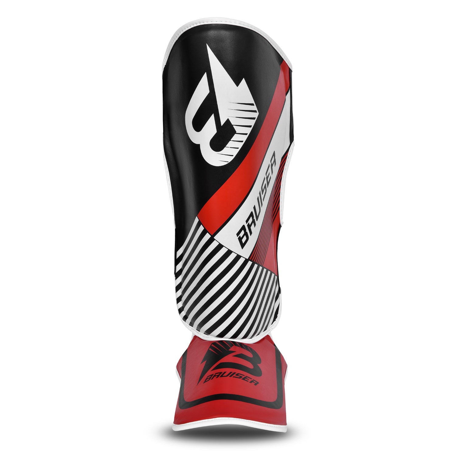 Espinillera de kickboxing y muay thai roja y negra con detalles blancos y logo Bruiser en la parte frontal, hecha de piel sintética con relleno de alta densidad que absorbe golpes y protege espinillas y sistema de velcro reforzado para entrenamiento de contacto. Imagen frontal.