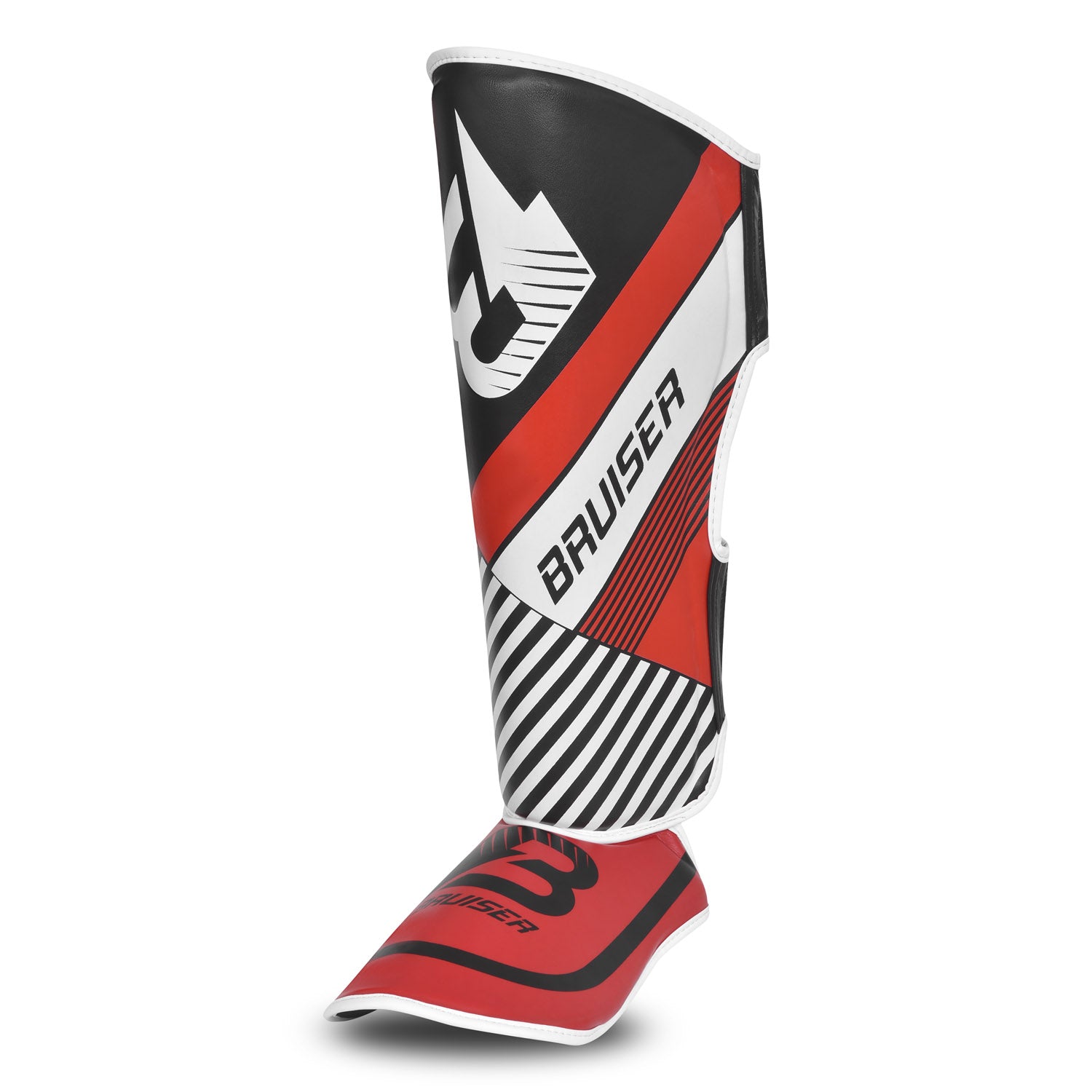 Parte lateral de espinillera de kickboxing y muay thai, negra y rojas con detalles  blancos, hecha de piel sintética con relleno de alta densidad que absorbe golpes y protege espinillas y sistema de velcro reforzado para entrenamiento de contacto. Imagen lateral.