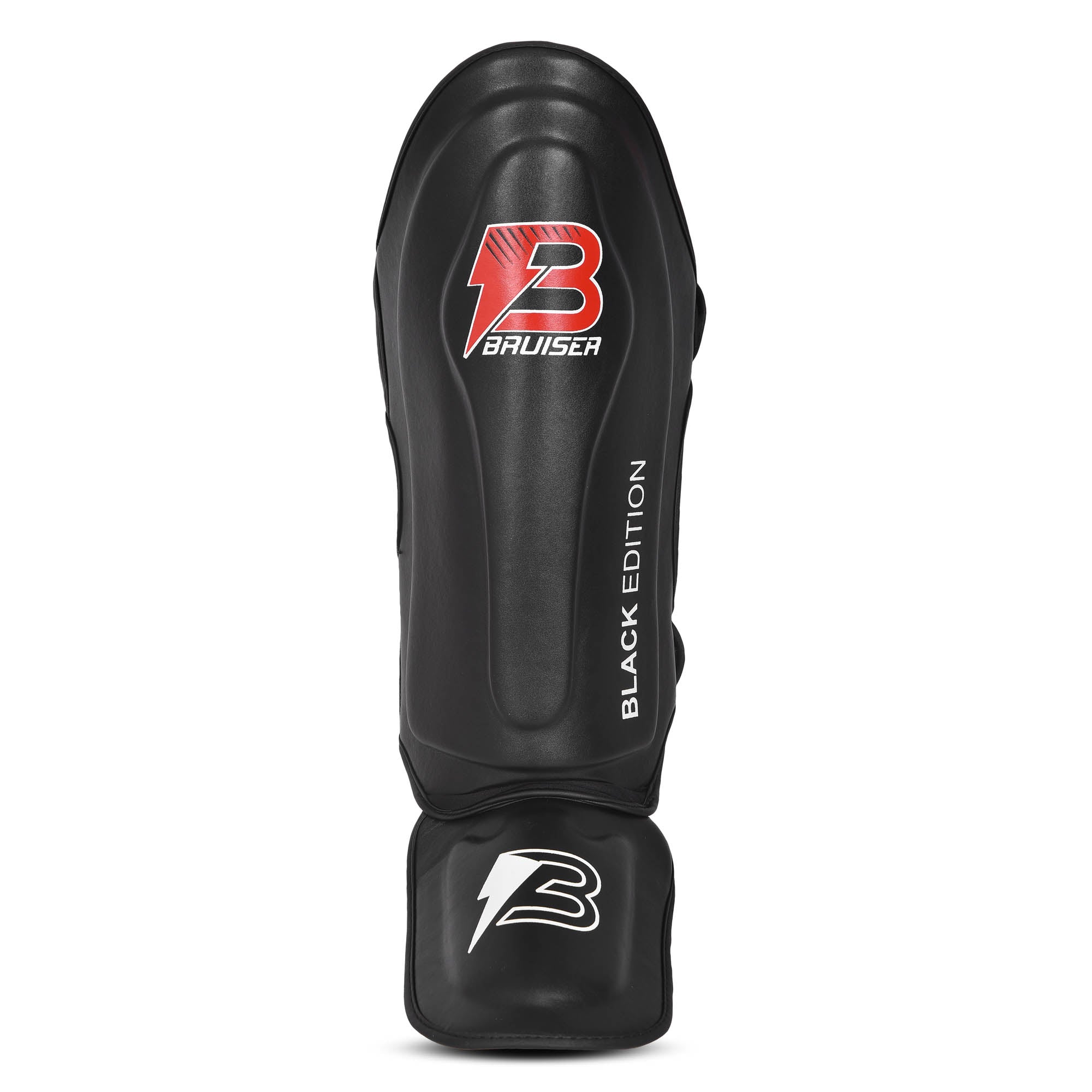 Espinillera Bruiser color negro con detalles blancos por delante y por detrás. Logo de la marca en el centro y en empeine. Diseño ligero con empeine hecho de neopreno. Sistema de velcro para más firmeza. 