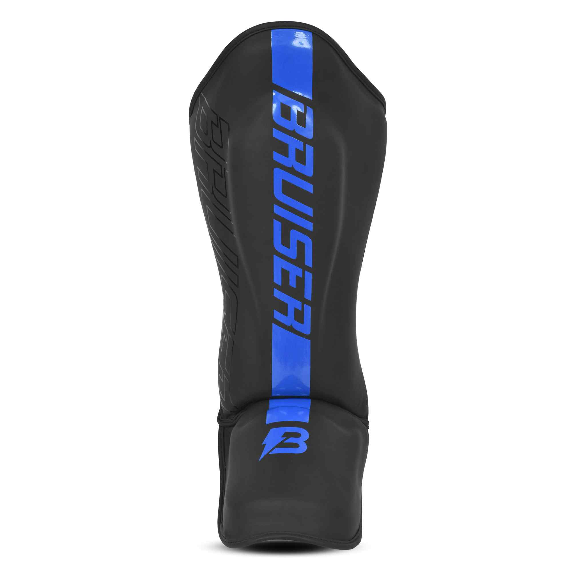 Espinillera marca Bruiser porcolor negro y azul. Logo en el centro. Hechas de piel sintética y rellena de espuma y látex. Doble cierre de velcro. 