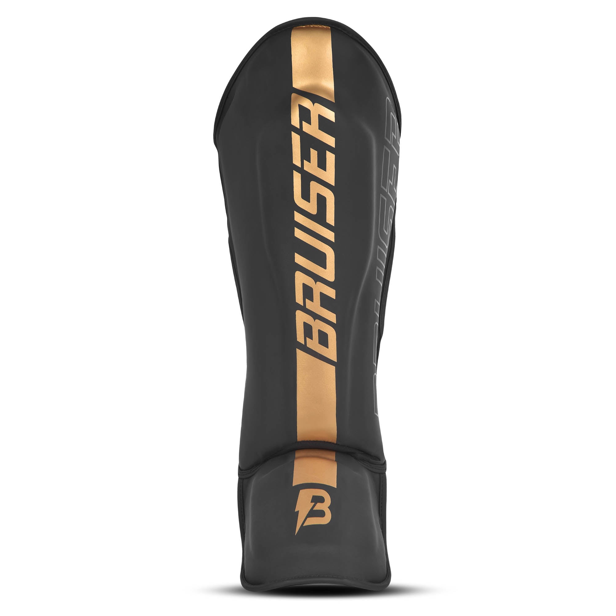 Espinillera marca Bruiser por delante y por detrás color negro y dorado. Logo en el centro. Hechas de piel sintética y rellena de espuma y látex. Doble cierre de velcro. 