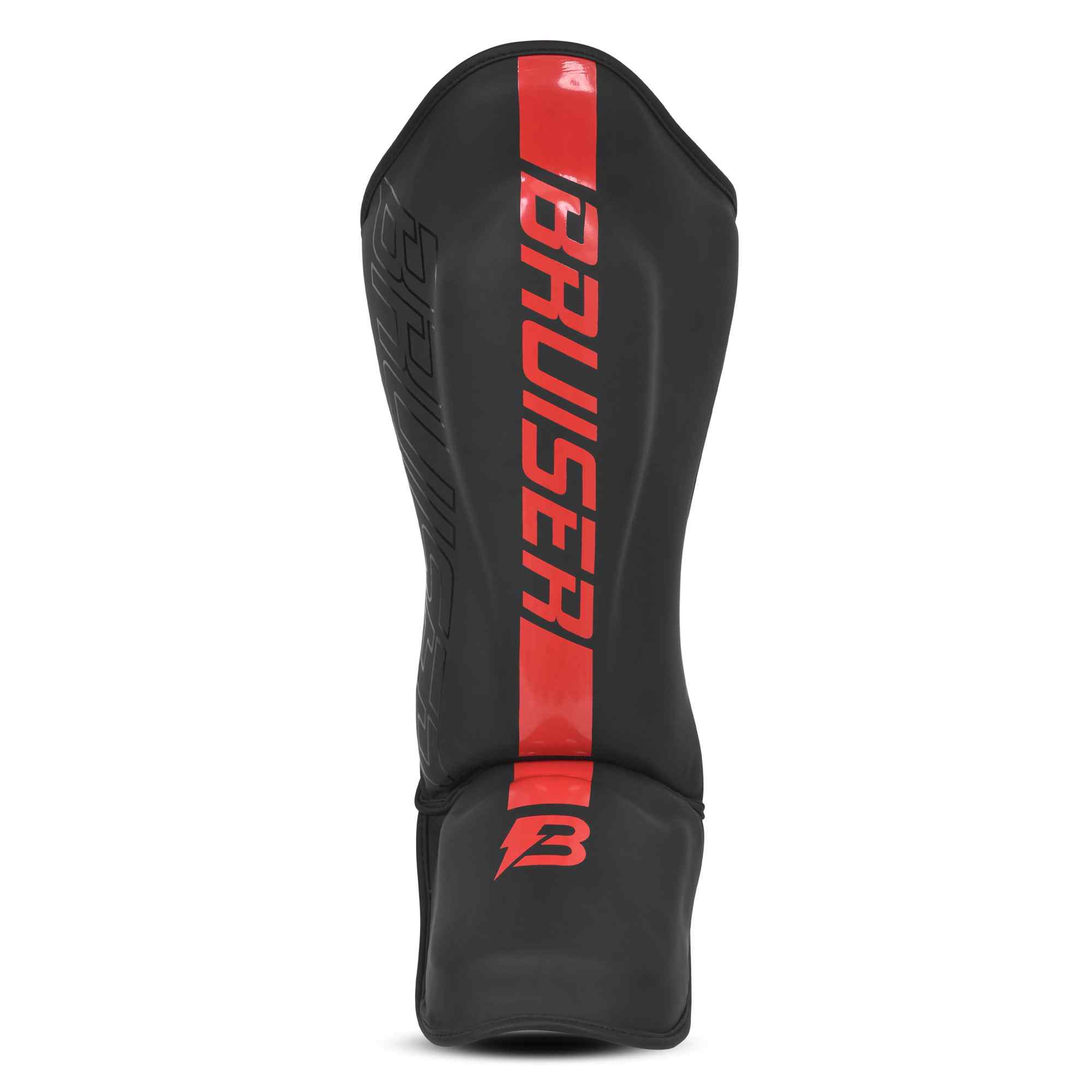 Espinillera marca Bruiser por delante y por detrás color negro y rojo. Logo en el centro. Hechas de piel sintética y rellena de espuma y látex. Doble cierre de velcro. 