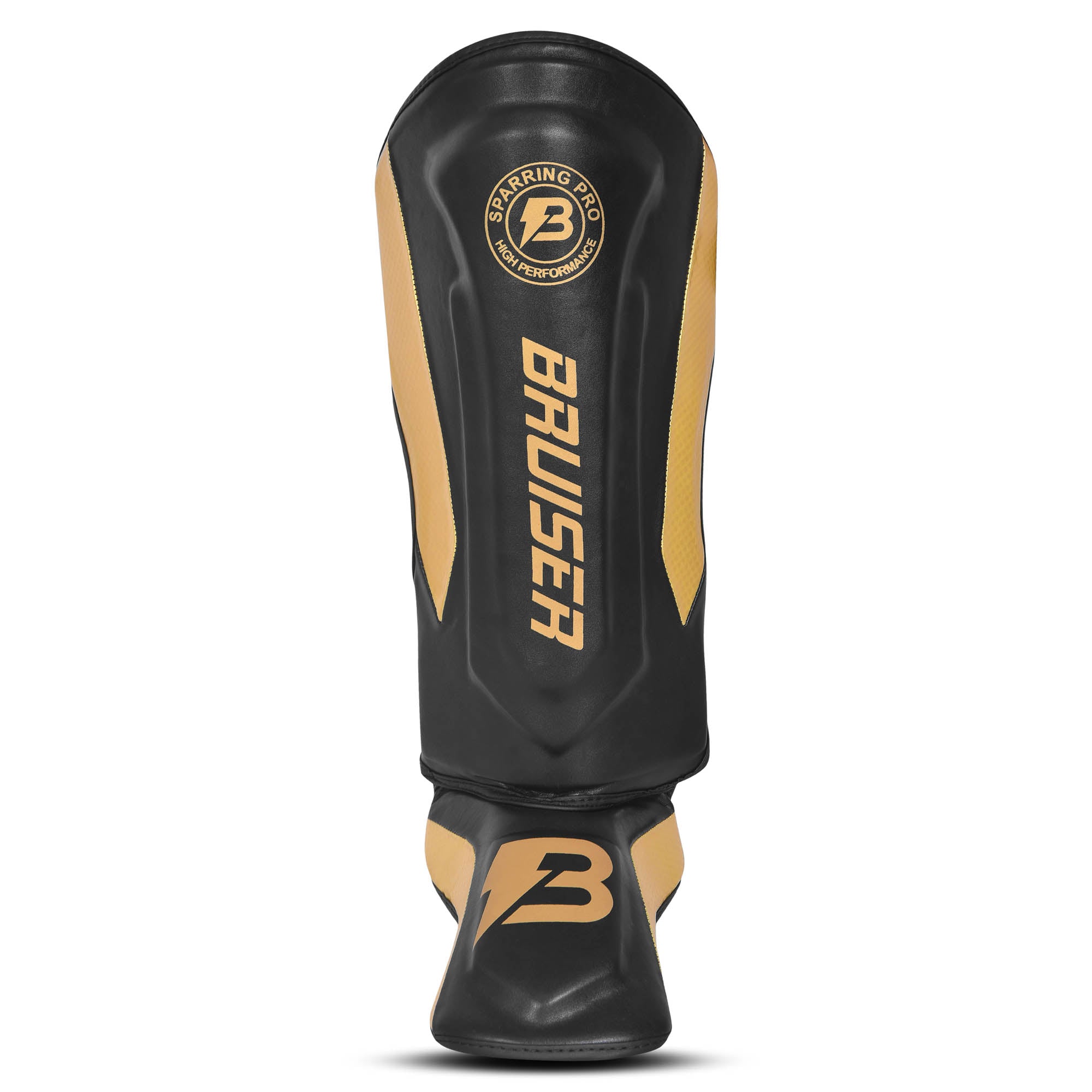 Espinillera marca Bruiser color negro y dorado. Logo en el centro. Hecha de microfibra y rellenas de espuma y latex. Cierres anchos de velcro. 