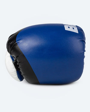 Guante de boxeo estirado, puño azul con negro y detalle blancos. Relleno de alta densidad. Imagen frontal.