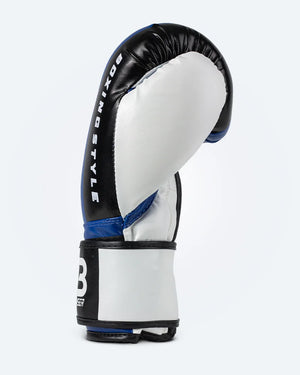 Guantes de boxeo de piel sintética, azules, negros y blancos, para muay thai, kick boxing y trabajo de saco y manoplas. Perfil derecho.