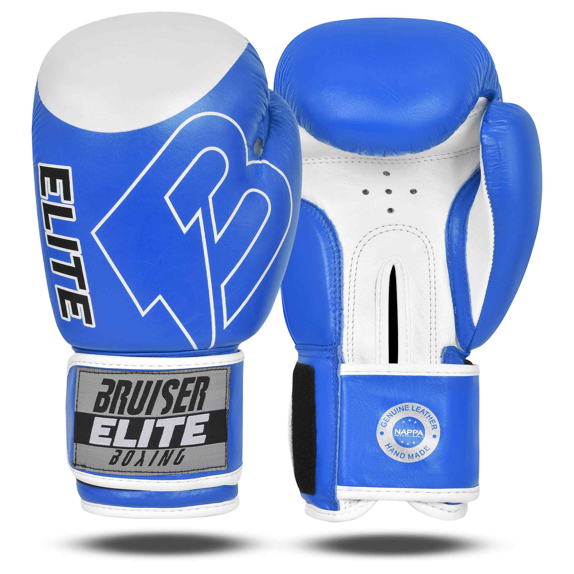 Guantes de boxeo azules y blancos Bruiser Elite Pro, por delante y por detrás. Logo en grande en el centro del guante. Hechos de piel de vaca. Velcro firme con forro interior. Imaen frontal. 