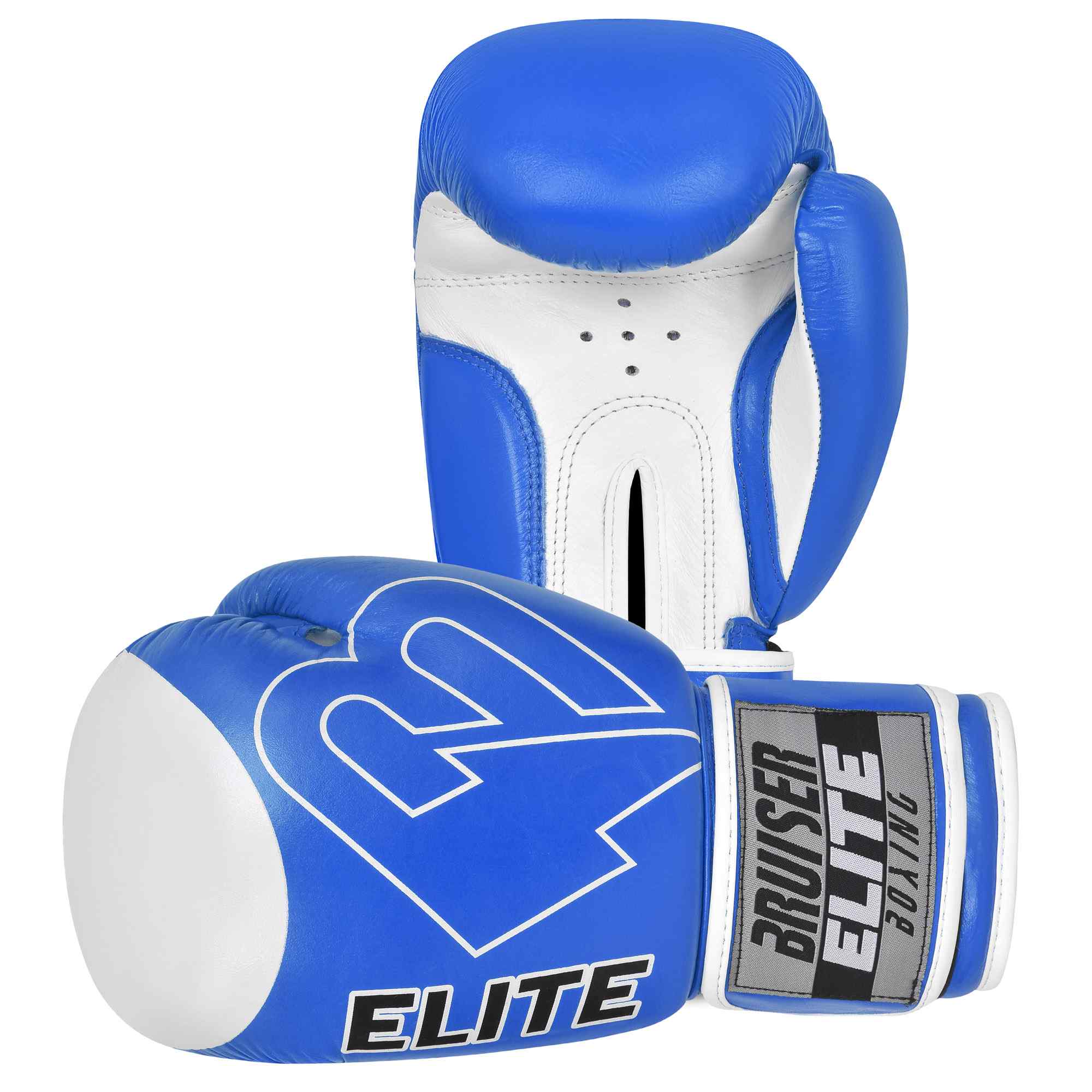 Guantes de boxeo azules y blancos Bruiser Elite Pro, uno estirado y otro de pie. Logo en grande en el centro del guante. Hechos de piel de vaca. Velcro firme con forro interior. Imagen frontal.  