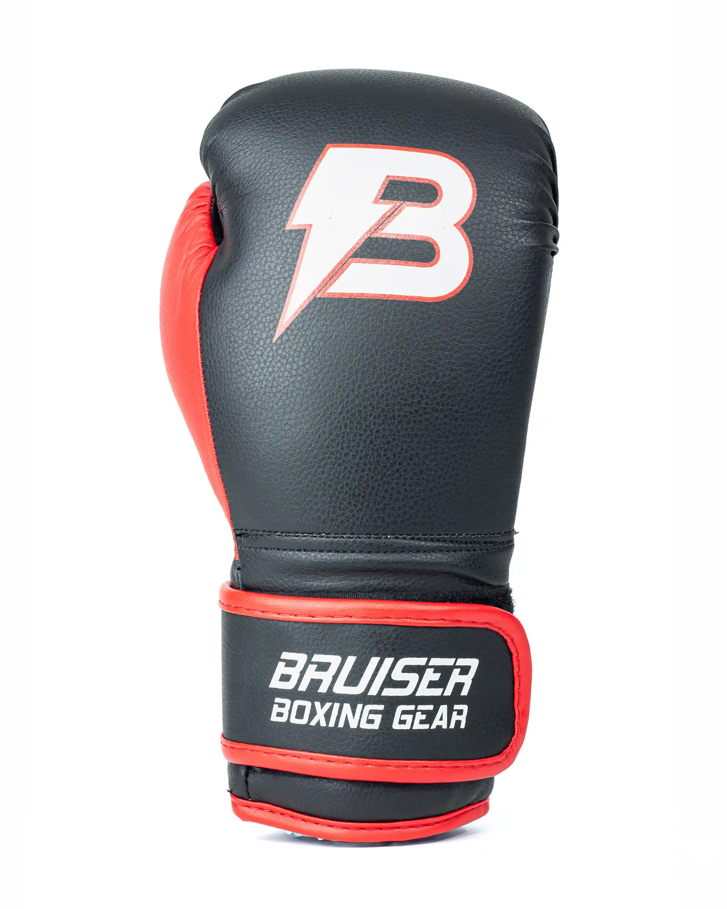 Guantes Bruiser para niños por delante y por detrás color negro y rojo con detalles blancos. Logo en el centro. Hecho de polipiel con apoyo de goma espuma en la palma. Cierre de velcro ancho. Imagen frontal. 