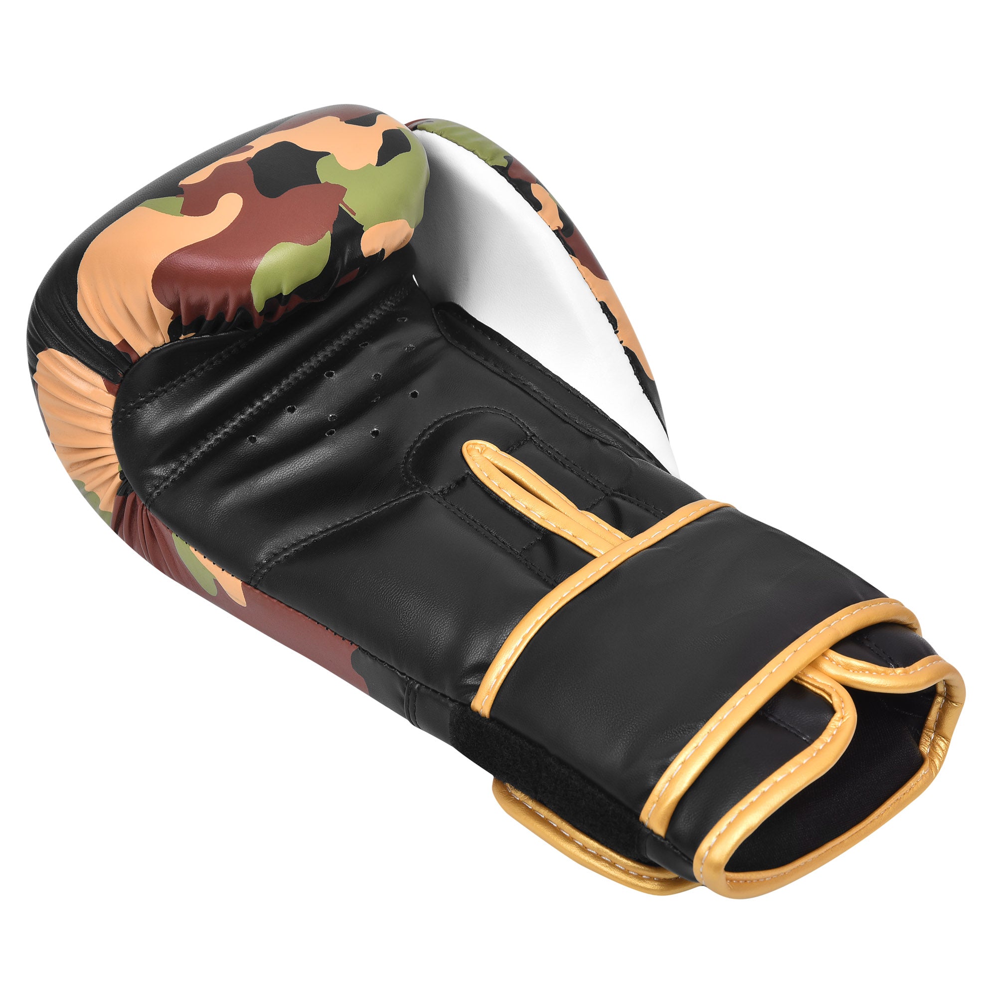 Guante de boxeo con puño de camuflaje y palma negra estirado boca arriba. Piel sintética resistente.