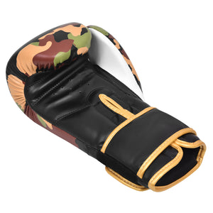 Guante de boxeo con puño de camuflaje y palma negra estirado boca arriba. Piel sintética resistente.
