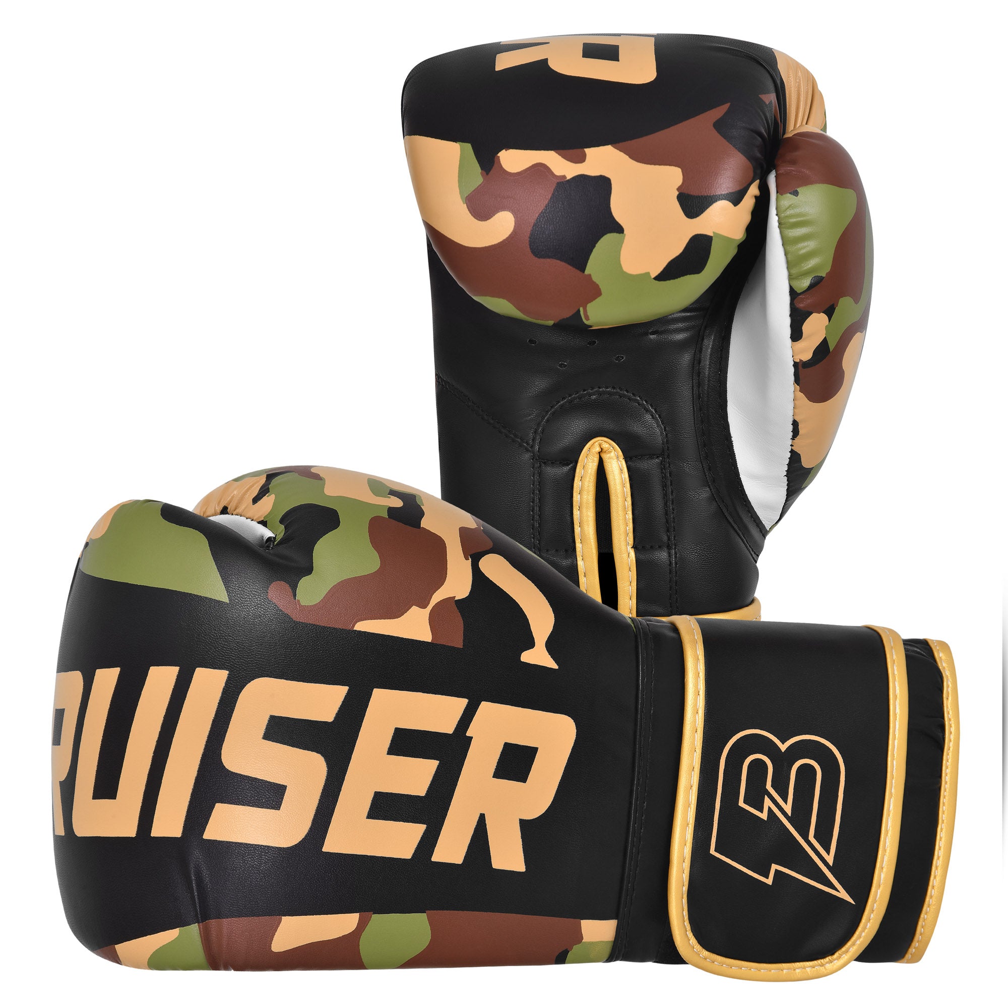 Par de guantes de boxeo de camuflaje con detalles negros y dorados,"Bruiser" escrito en dorado en el centro, guante de pie y guante estirado horizontal. Cierre de velcro firme. Imagen frontal. 